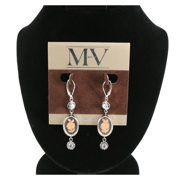 New Mars and Valentine Vintage Sterling Silver Pearl Rose Crystal Dange Earrings - Picture 3 of 8